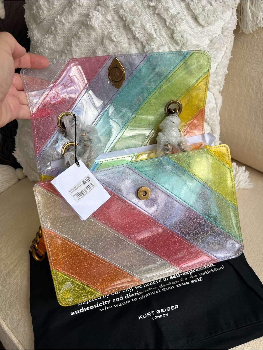 KURT GEIGER  Kensington Vinyl CLEAR RAINBOW GLITTERED crossbody / shoulder bag - Picture 10 of 15